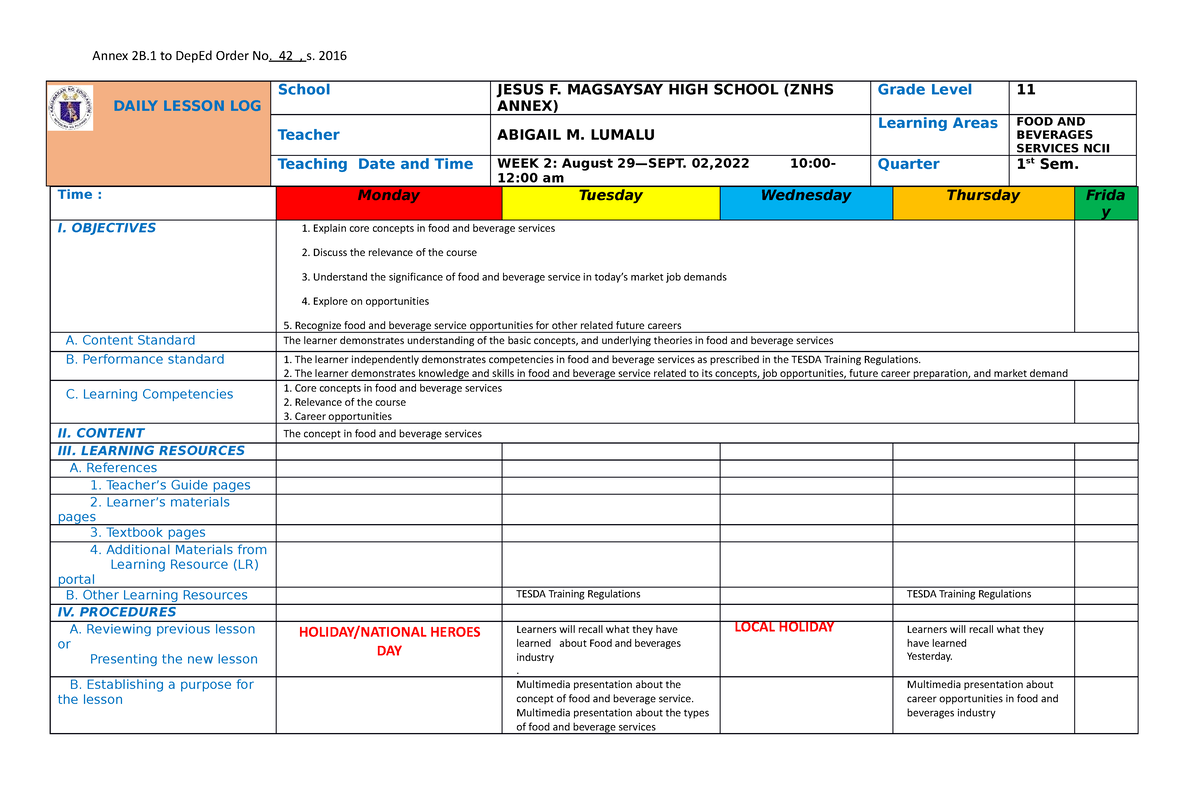 FBS AUG 29- SEPT 01 SY SY2022-23 - Annex 2B to DepEd Order No. 42 , s ...