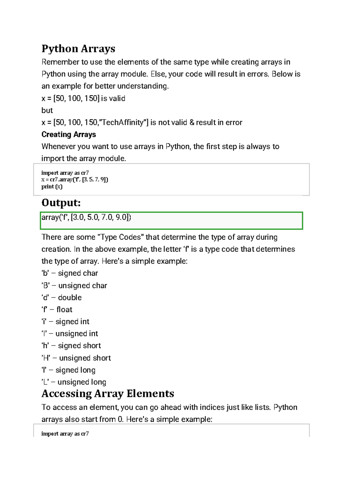 Python Arrays - Summary Masters in computer applications - Python ...