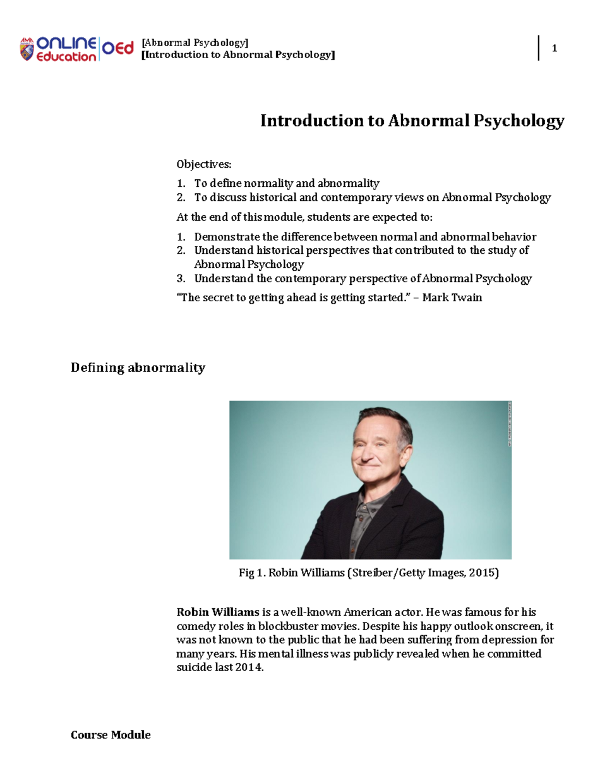 Module 1 - Introduction to Abnormal Psychology - [Abnormal Psychology ...