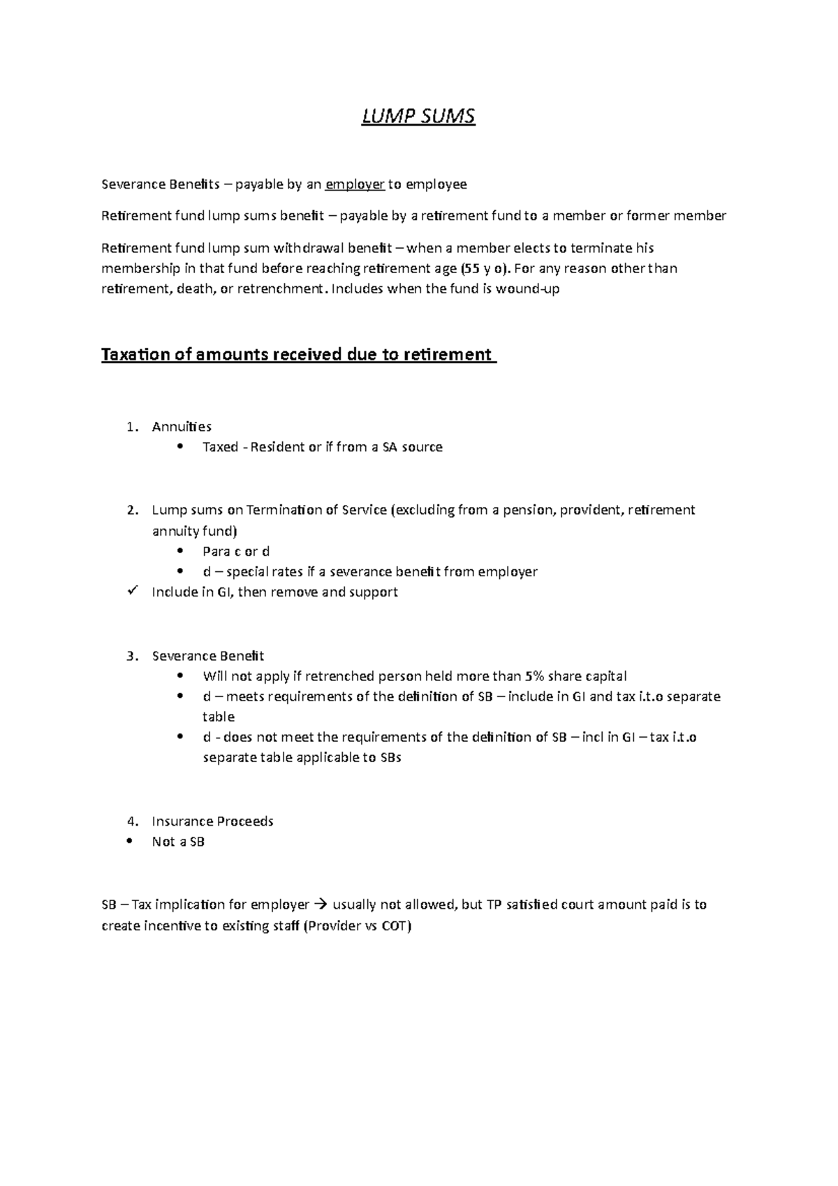 Week 1 summary LUMP SUMS Severance Benefits payable by an