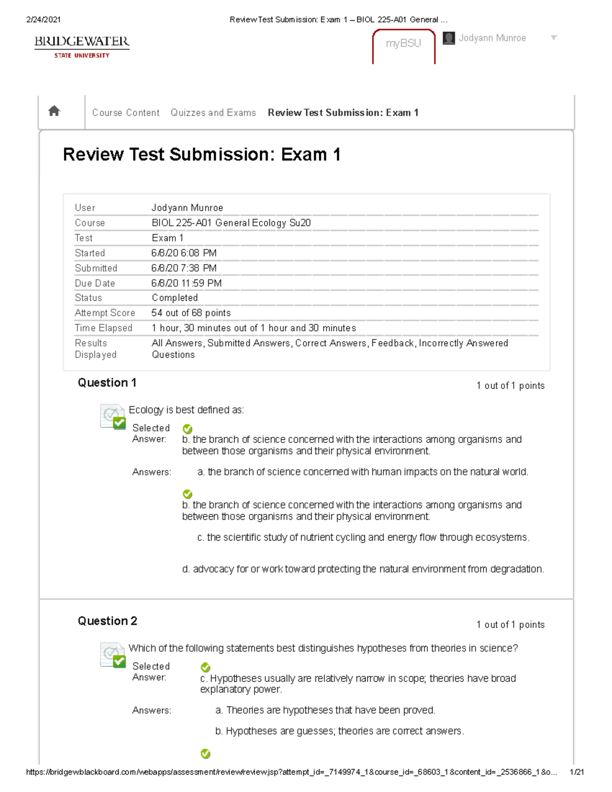 Review Test Submission Exam 1 – BIOL 225-A01 General - - Studocu