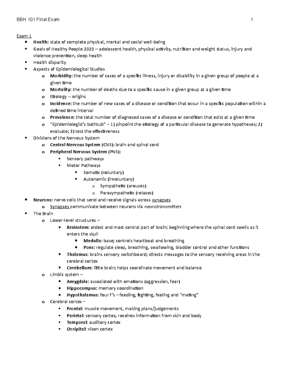 BBH 101 Final Exam Study Guide - Exam 1 Health: state of complete ...