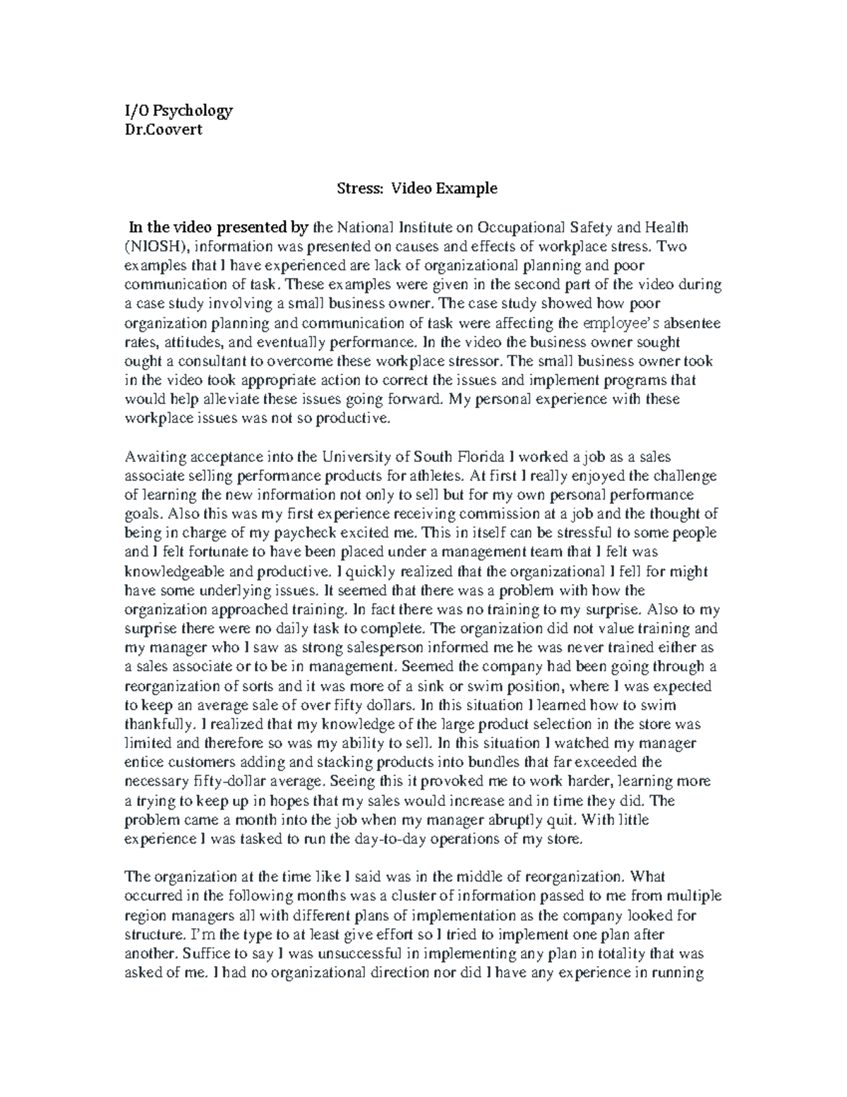 Industrial Psychology Module Job Stress I I/O Psychology Dr Stress