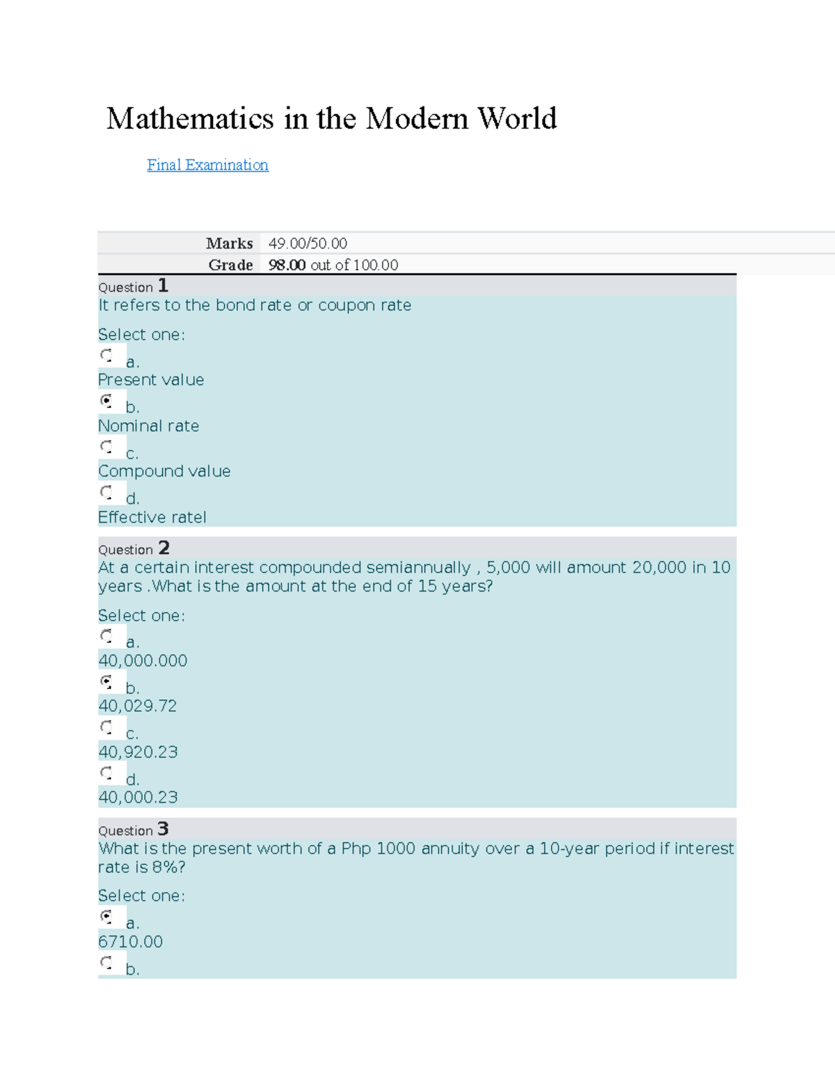 Mathematics In The Modern World Final Exam - Mathematics In The Modern ...