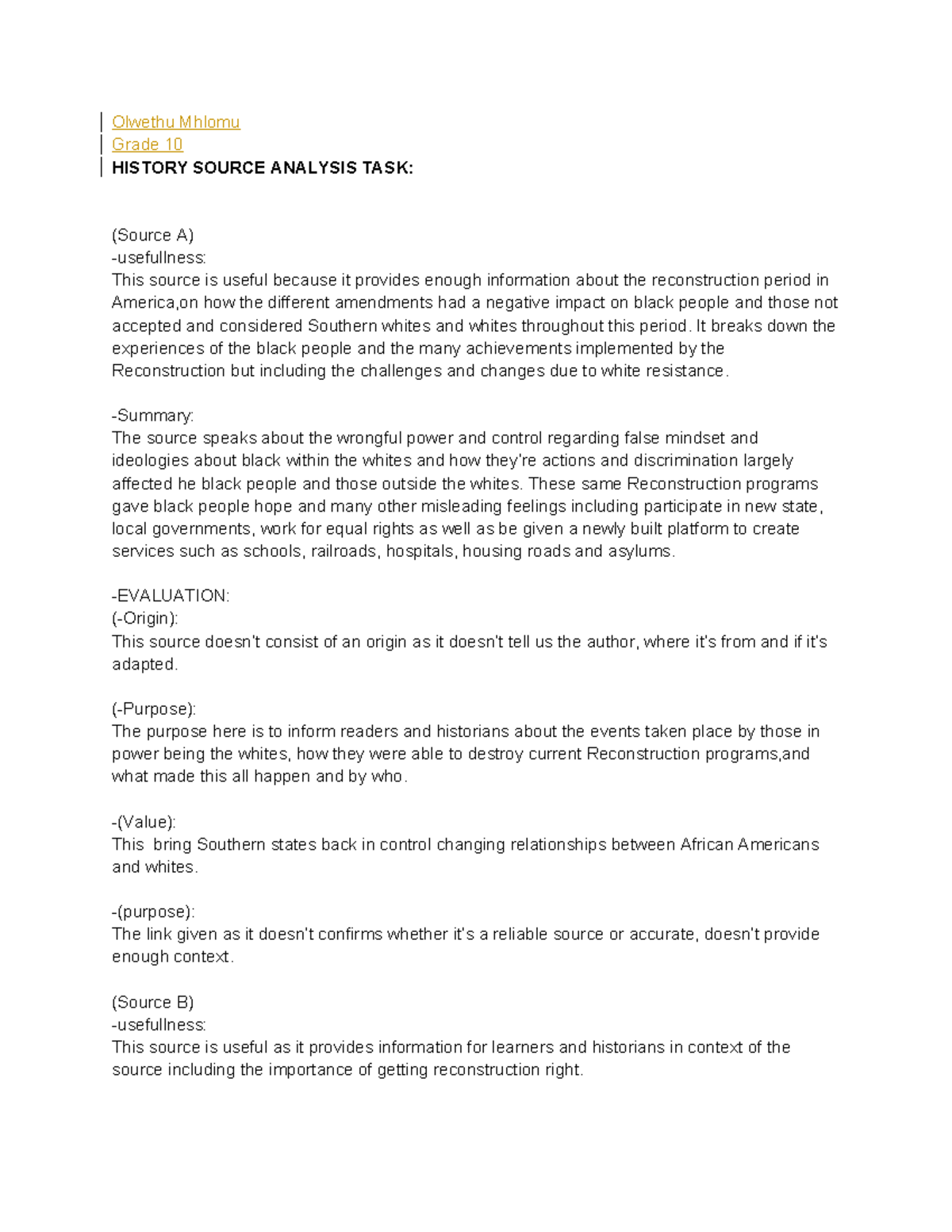 History assessment summaries - Olwethu Mhlomu Grade 10 HISTORY SOURCE ...