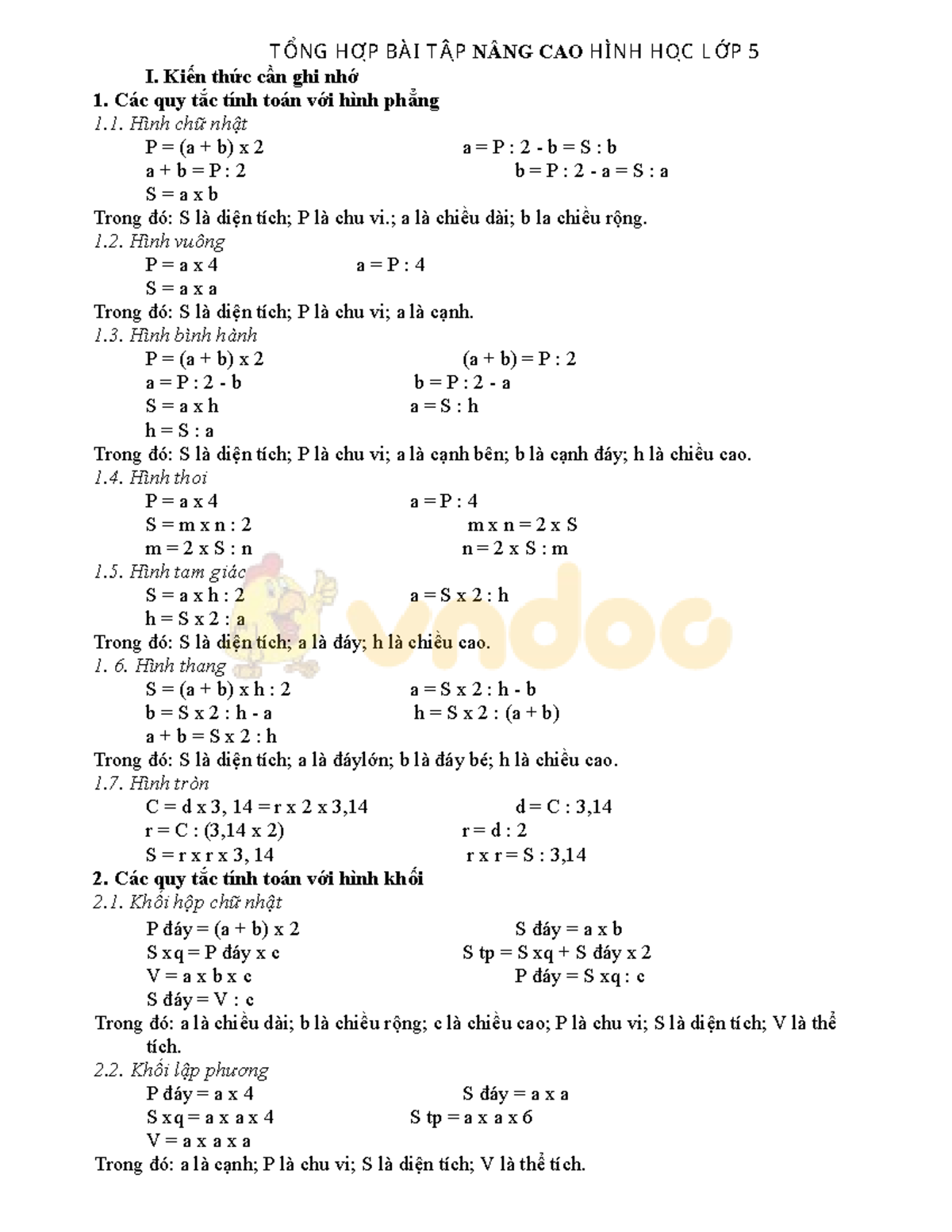 Bai Tap Nang Cao Chuyen De Hinh Hoc Lop 5 - I. Kiến Thức Cần Ghi Nhớ 