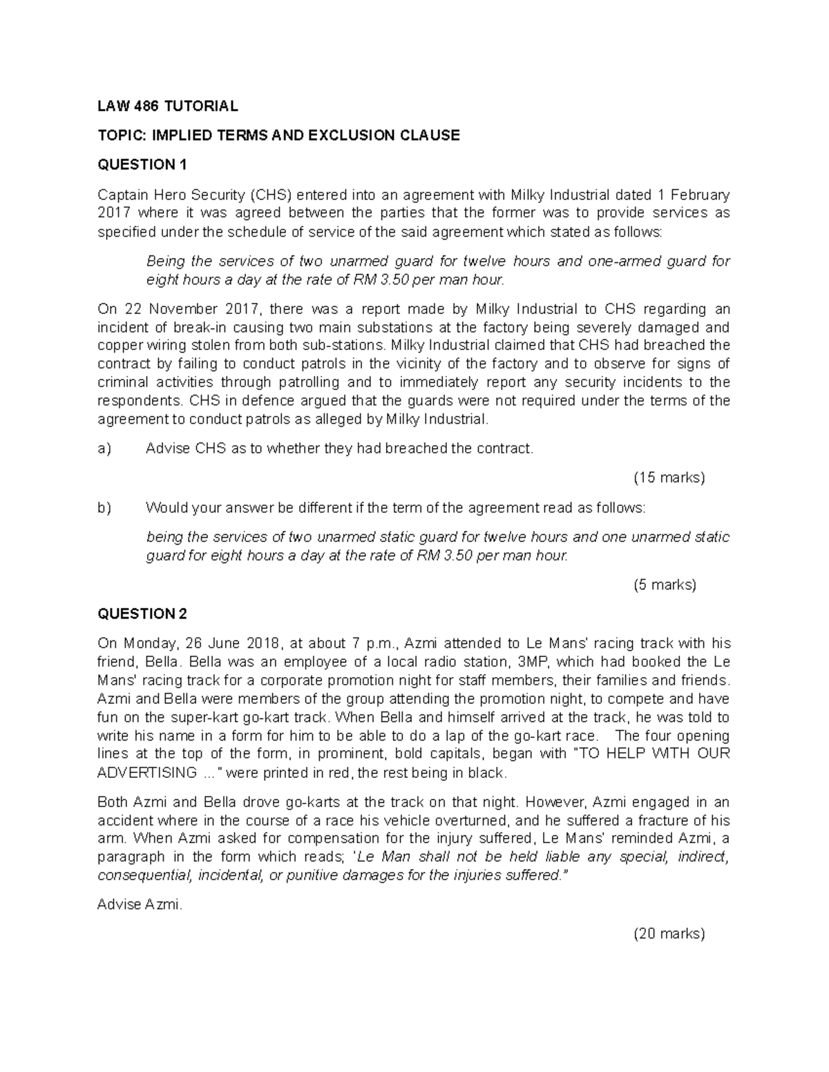 Tutorial LAW 486 Implied Terms AND EC - LAW 486 TUTORIAL TOPIC: IMPLIED ...