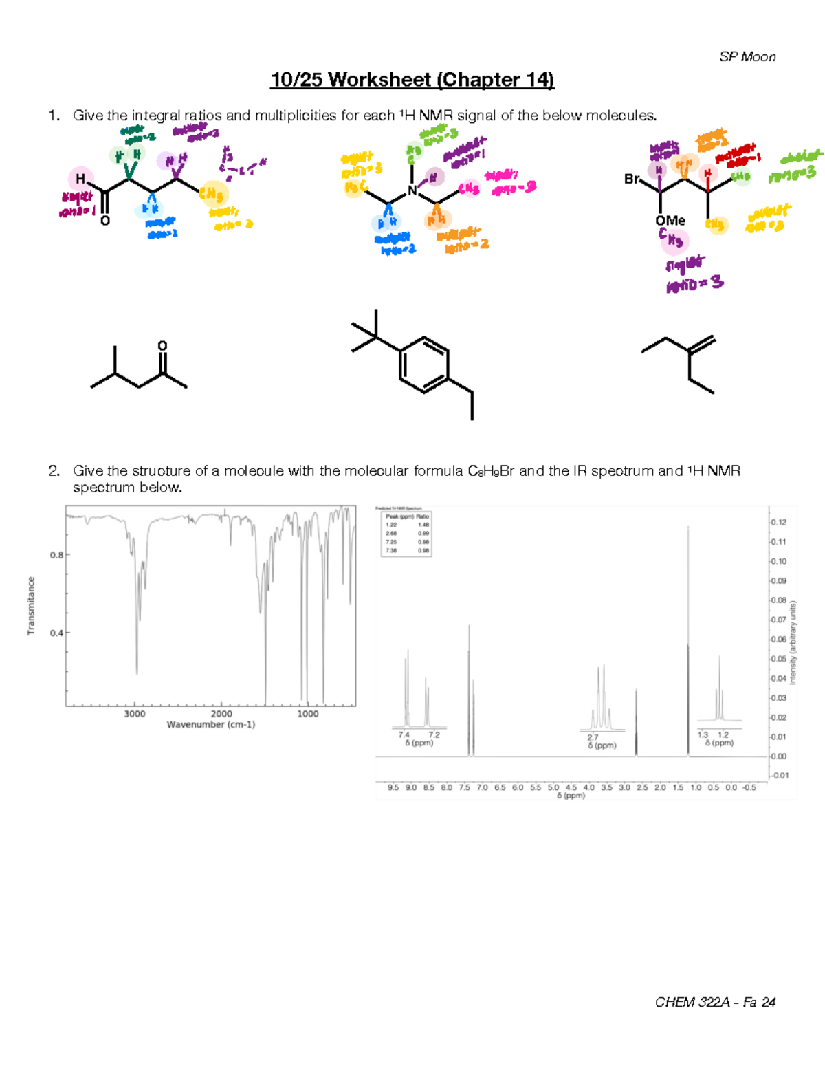NMR spectra practice - SP Moon 10/25 Worksheet (Chapter 14) 1. Give the ...