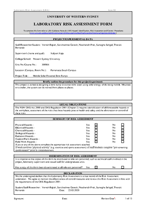Risk assessment form - UNIVERSITY OF WESTERN SYDNEY LABORATORY RISK ...