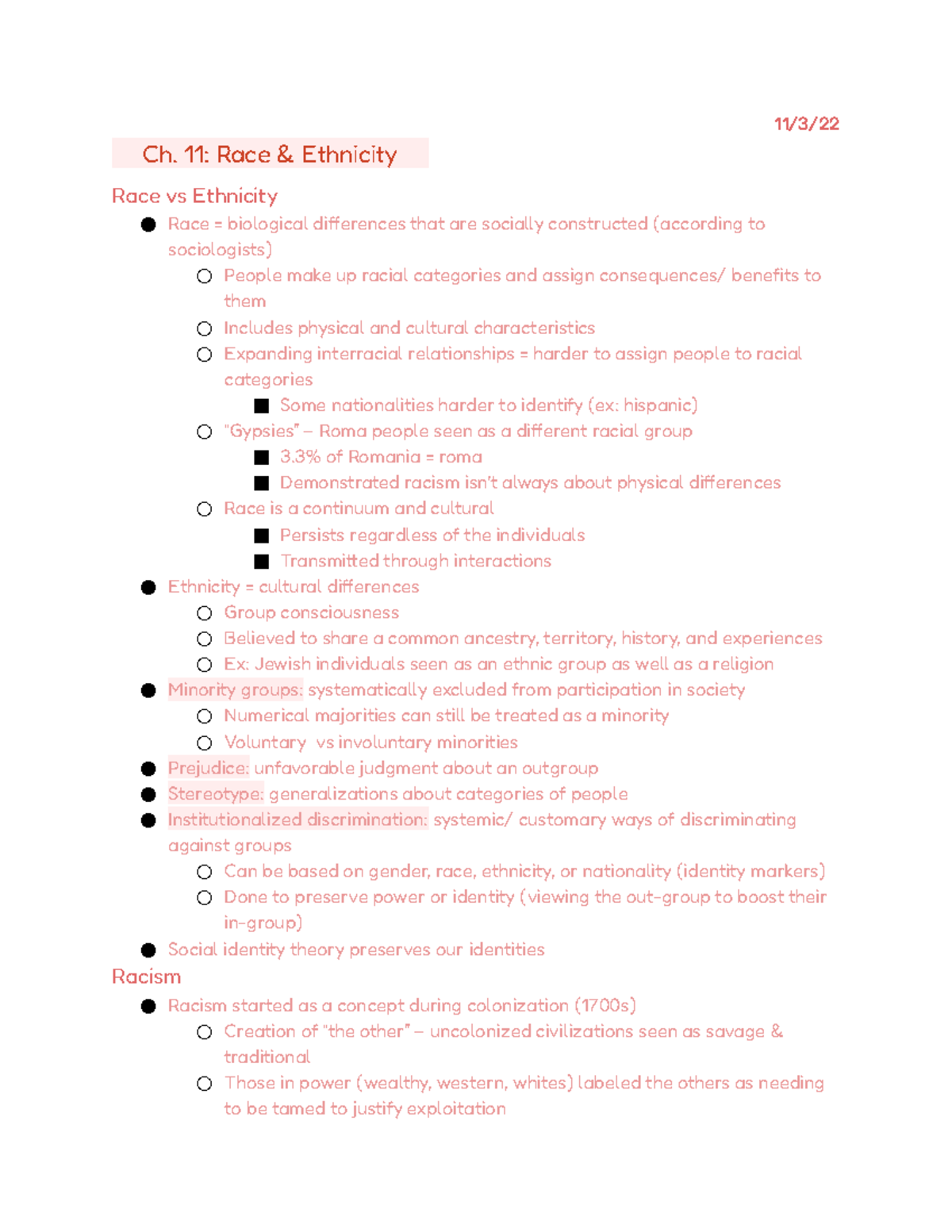 Intro To Sociology Chapter 11 - 11/3/ ...... 11: Race & Ethnicity ...