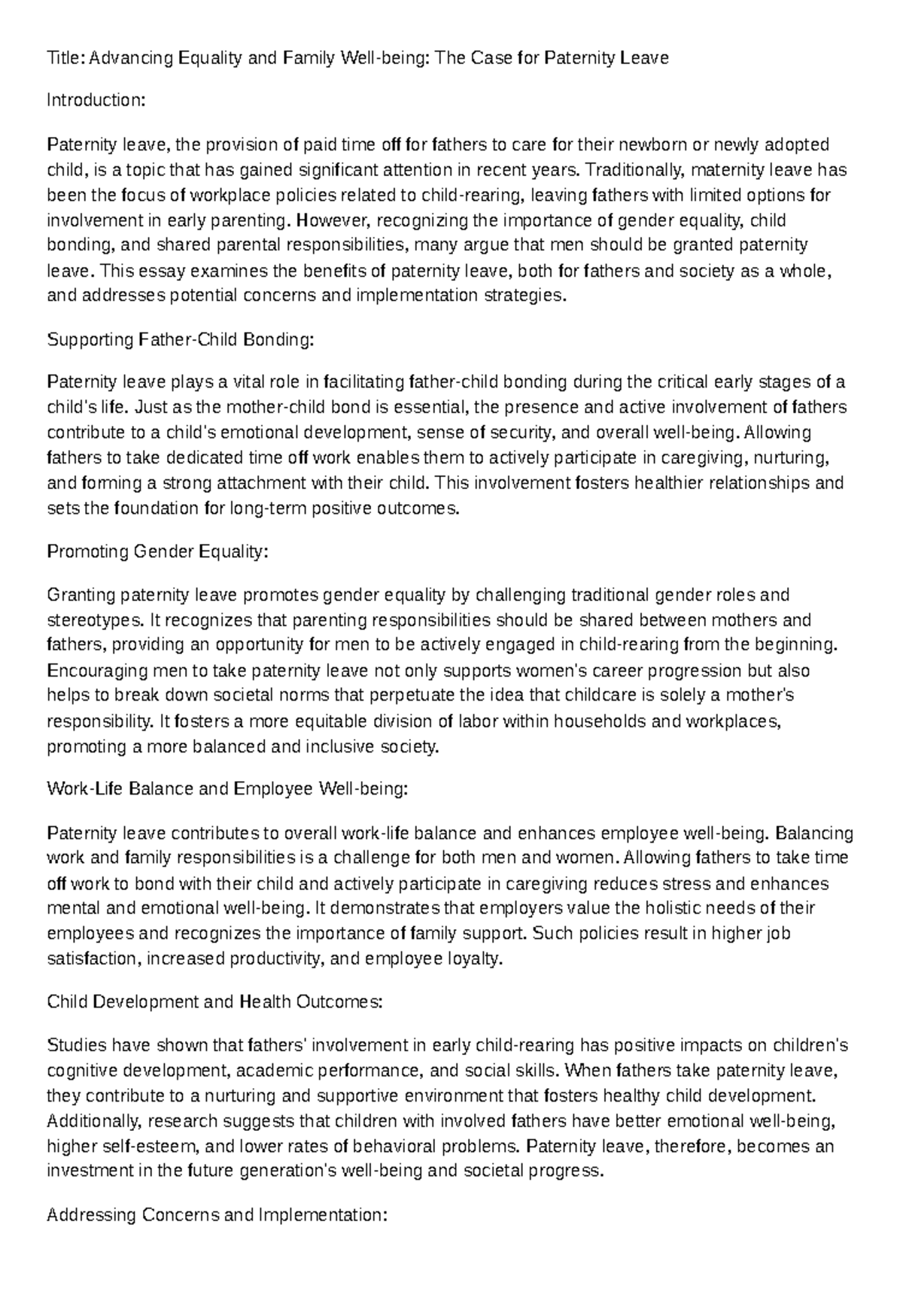 Title Advancing Equality and Family Well-being The Case for Paternity ...