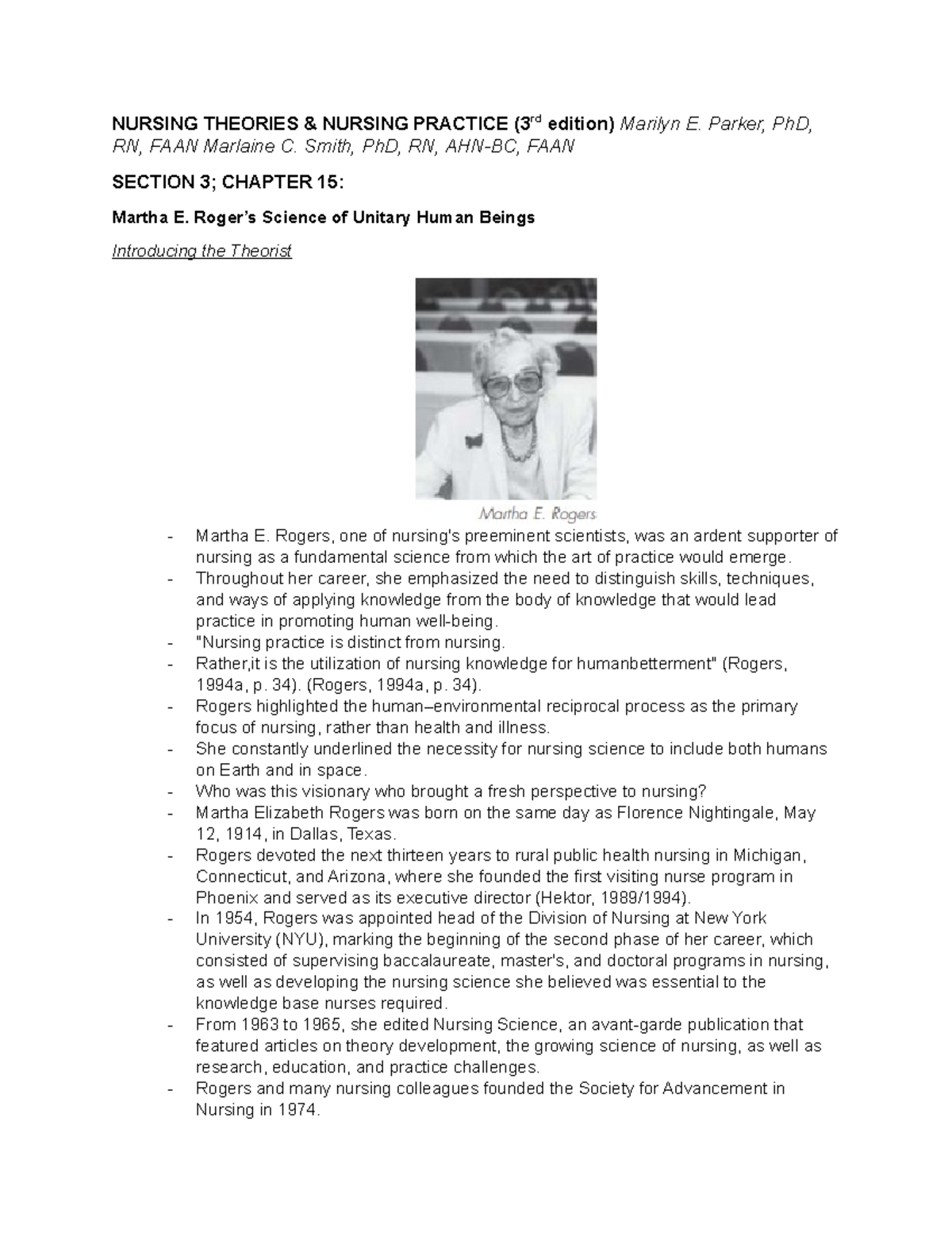 Martha Rogers - TFN notes - NURSING THEORIES & NURSING PRACTICE (3rd ...