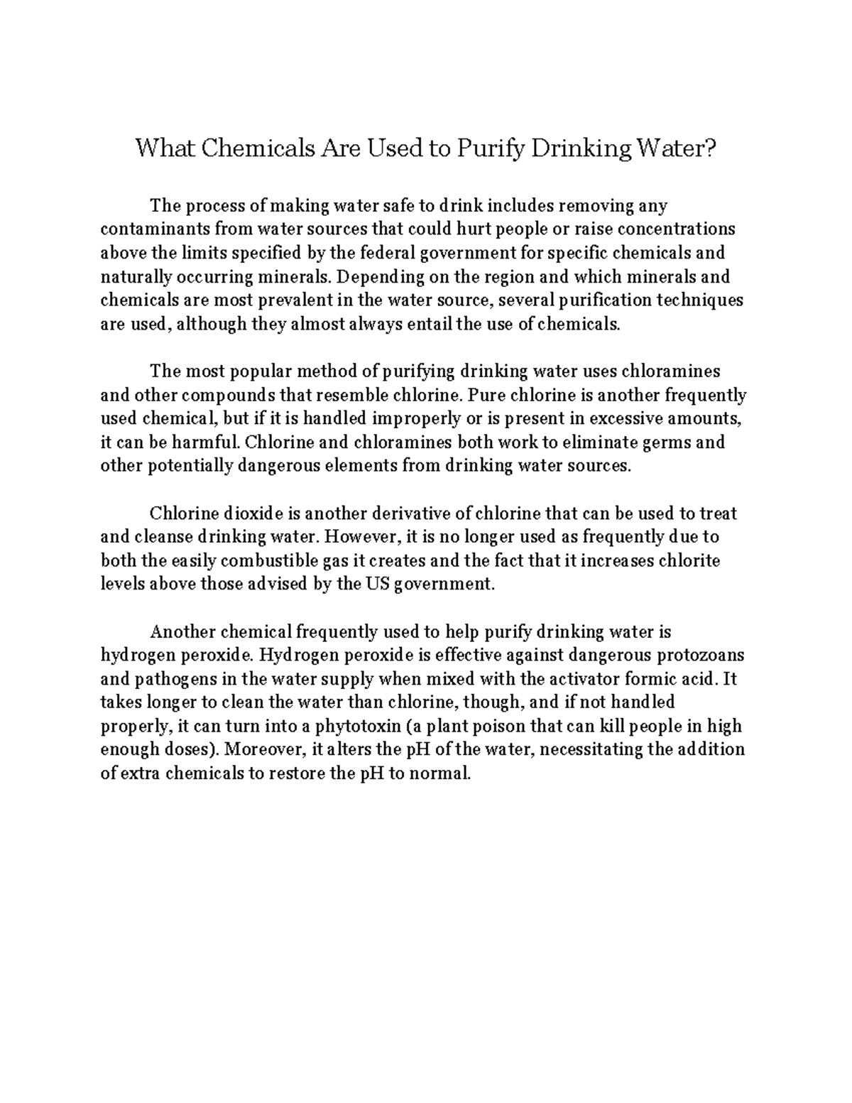 What Chemicals Are Used to Purify Drinking Water Depending on the