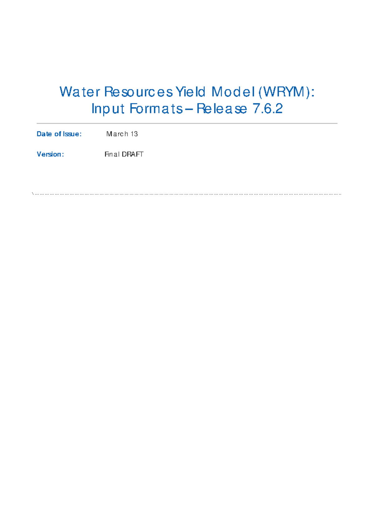WRYM Revised parameter tables Final Draft Water Resources Yield Model