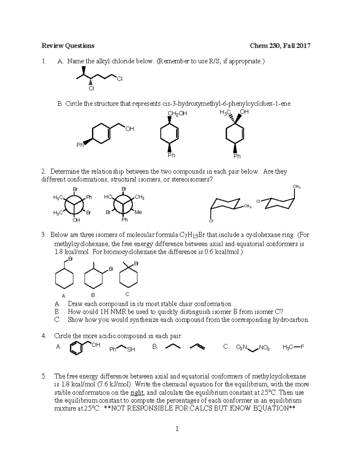 Chem230-Final Review Q's-F18 - Review Questions 1. Chem 230, Fall 2017 ...