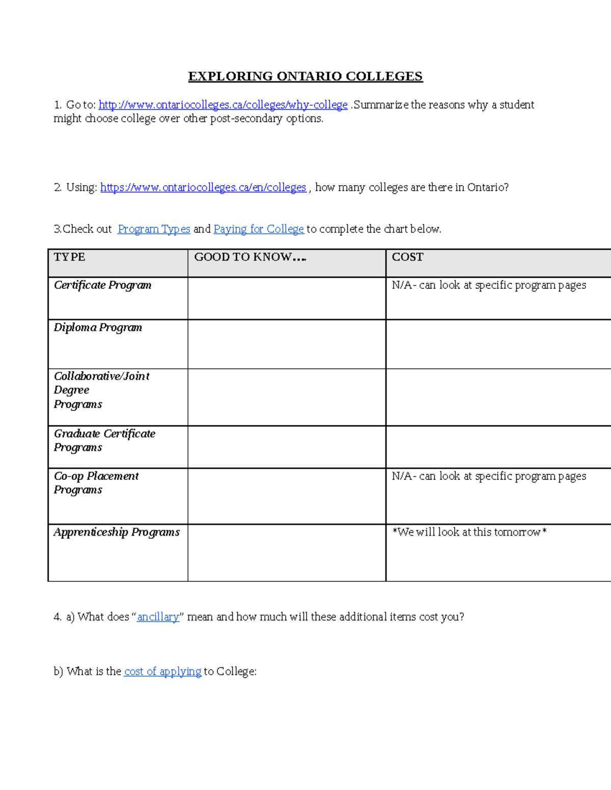 Copy of College Worksheet-new - ITM 107 - Toronto Met - Studocu
