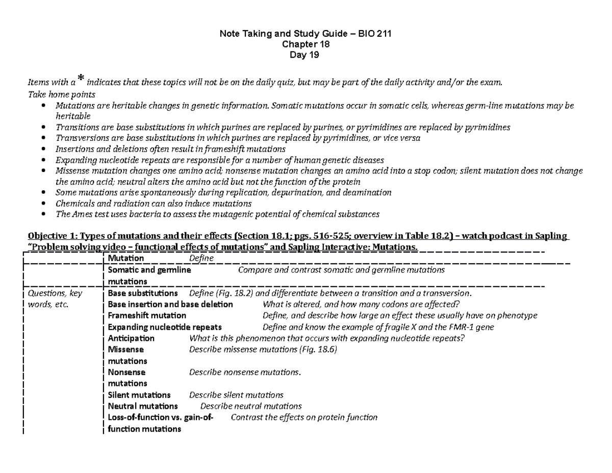 Note Taking Guide Day19 Note Taking And Study Guide BIO 211 Chapter