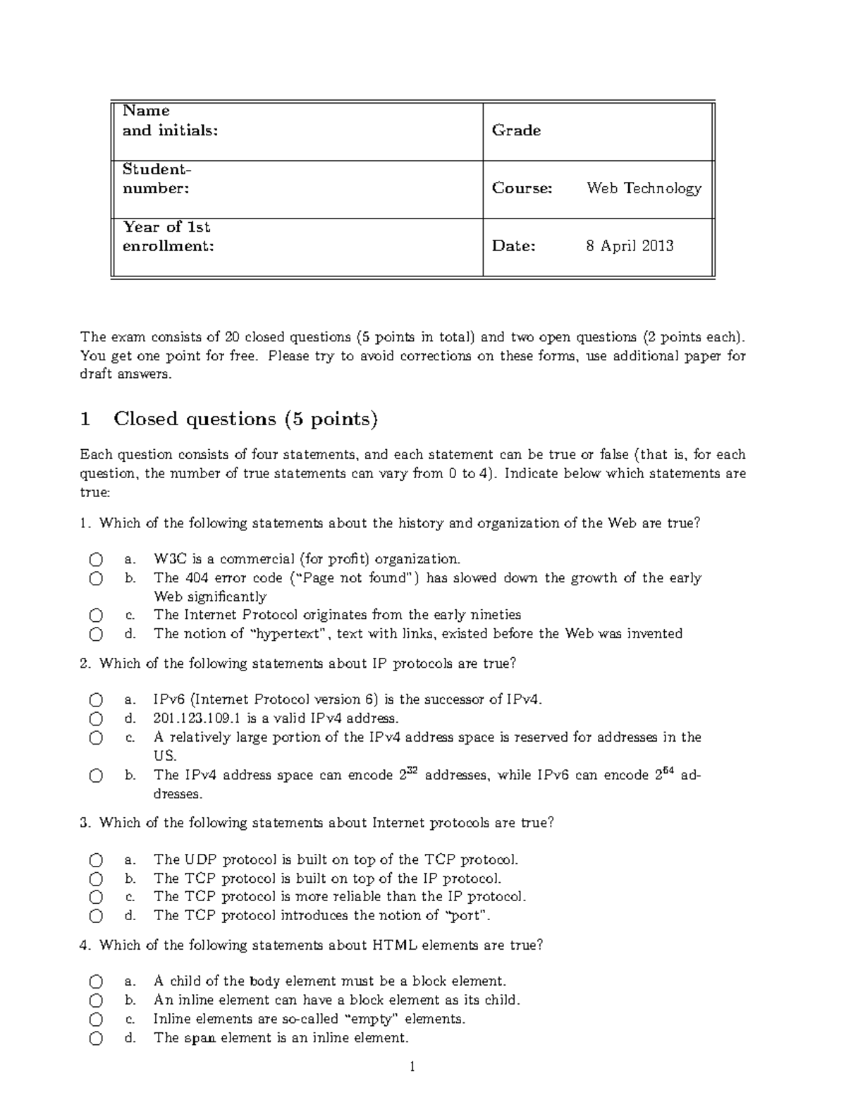 Exam 2013 questions - Web Technology - StudeerSnel