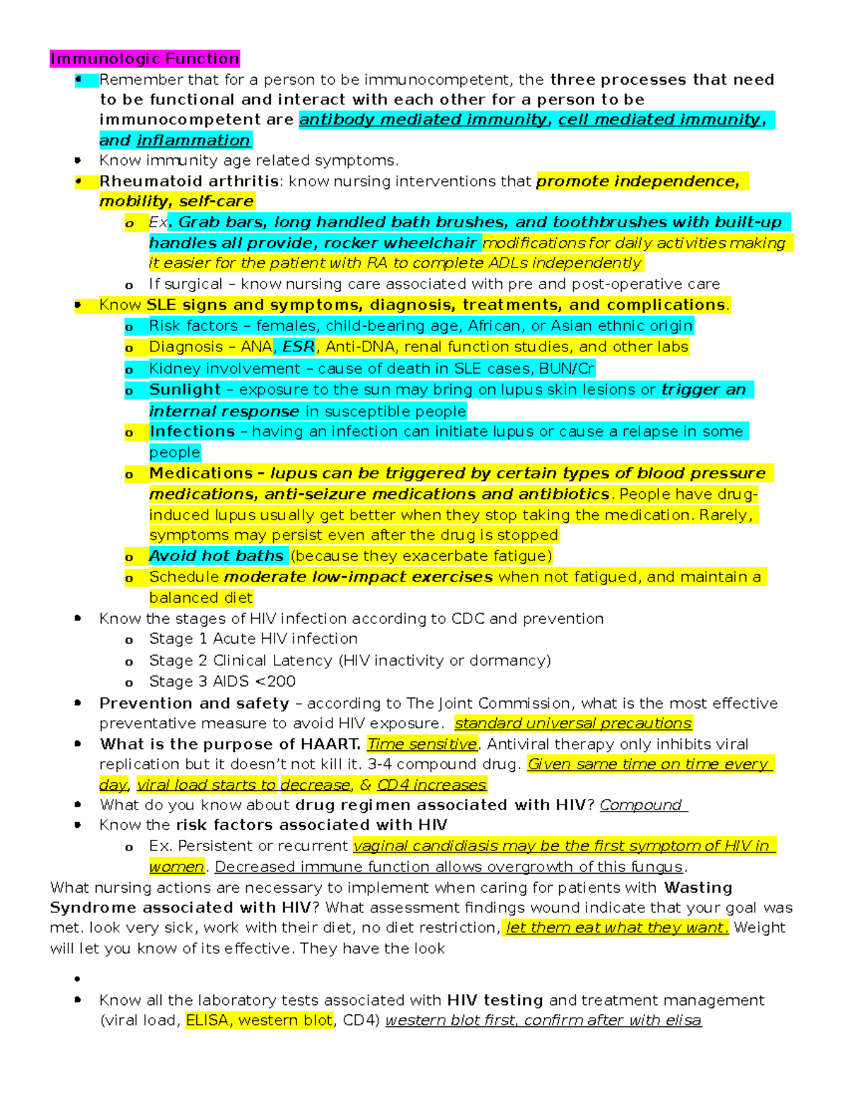 Final Study Guide for QTR 3 Copy Immunologic Function Remember that