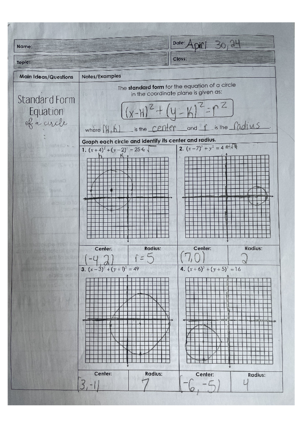 Standard Form Equation of a Circle - Name: Date: Apir 30,24 Class ...