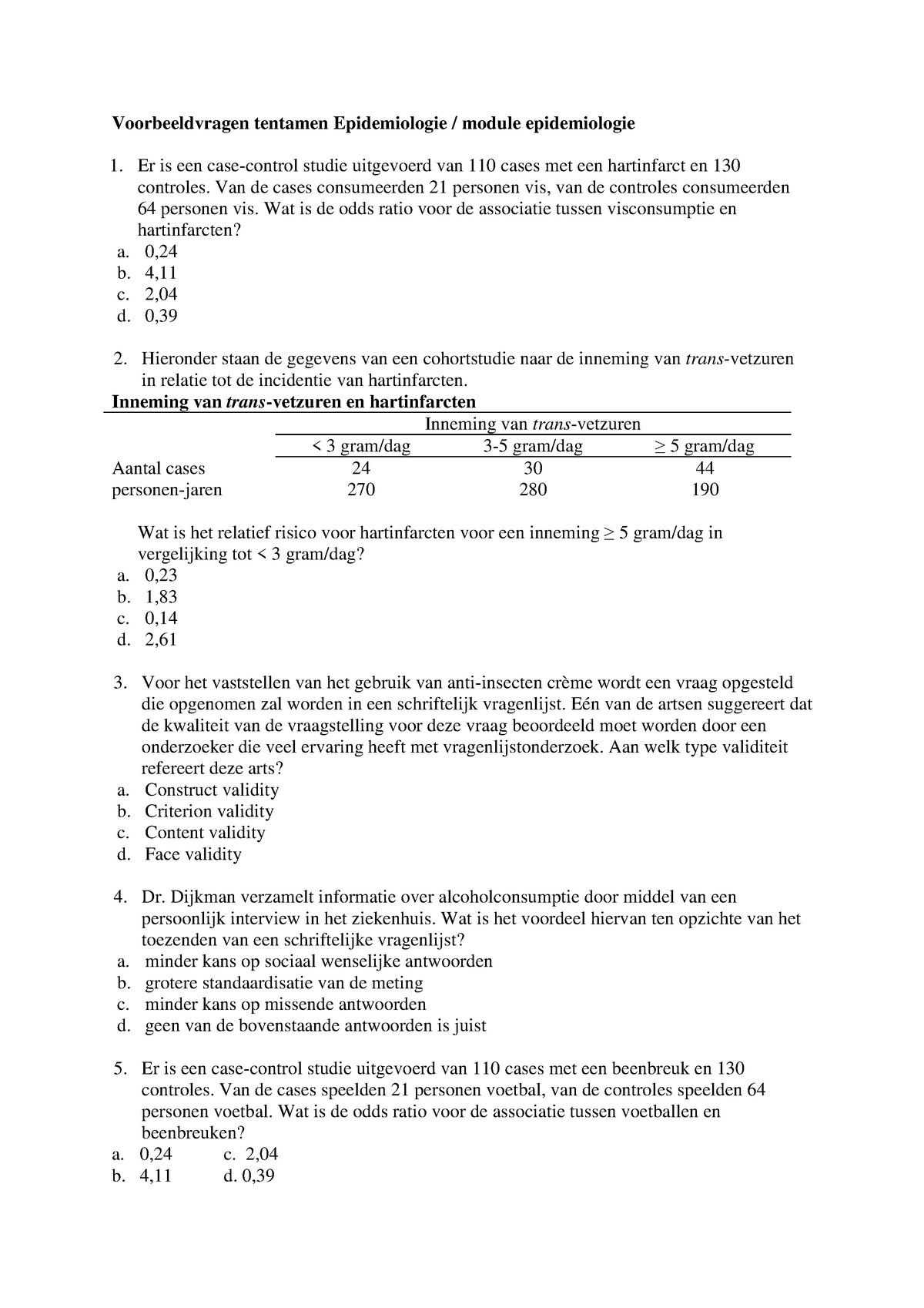 Voorbeeldvragen Tentamen Epidemiologie Studeersnel