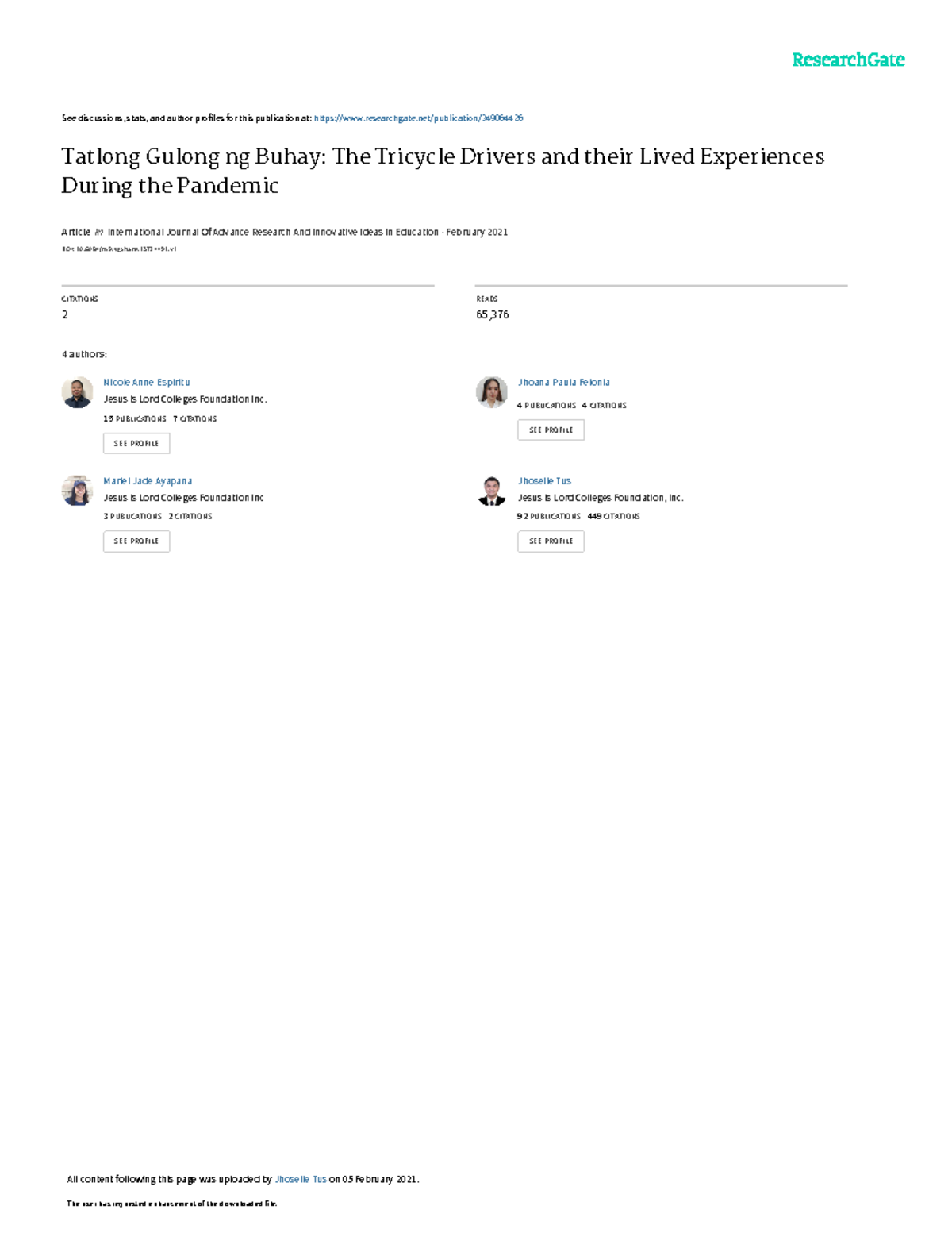 Tatlong Gulong ng Buhay The Tricycle Drivers and their Lived