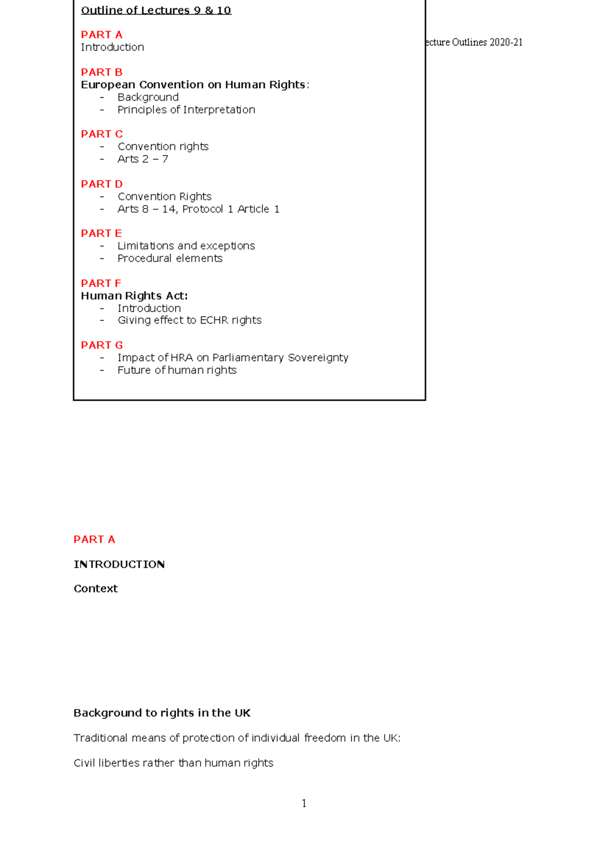 Lectures 9 & 10 Human Rights Student Outline - Public Law and Research ...