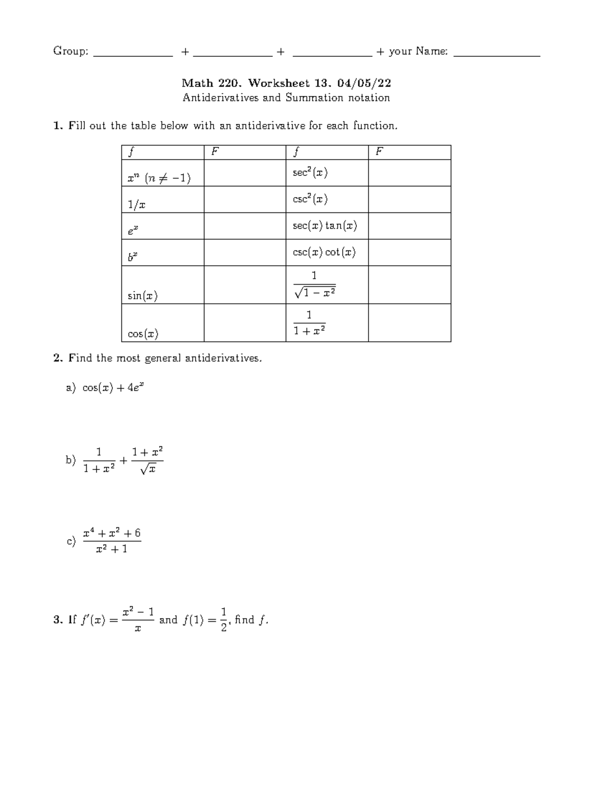 WS 14 - PROFESSOR WAS LAURA PLACZEK - Group: + + + your Name: Math 220 ...