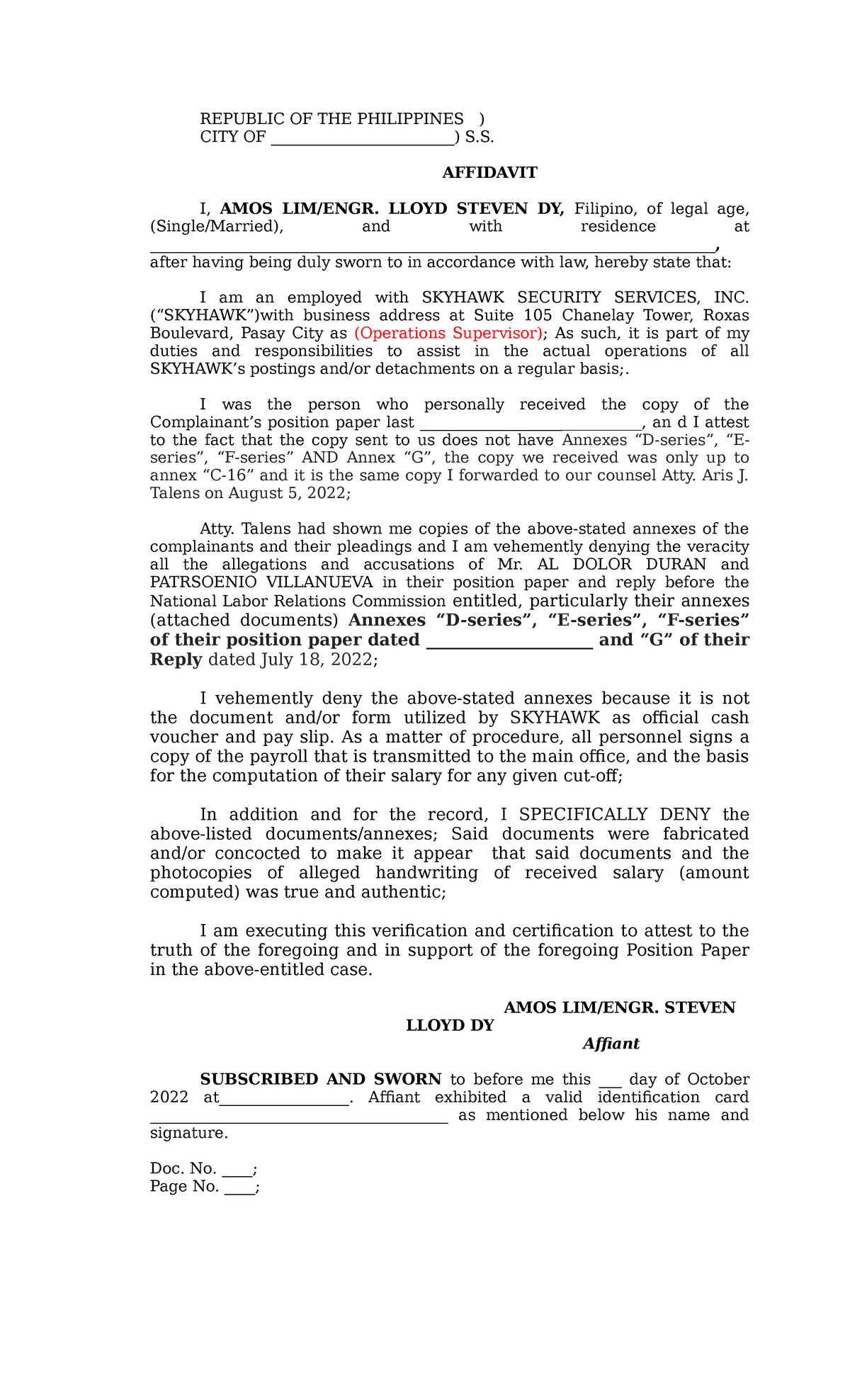 Affidavit Skyhawk Amos LIm - REPUBLIC OF THE PHILIPPINES ) CITY OF