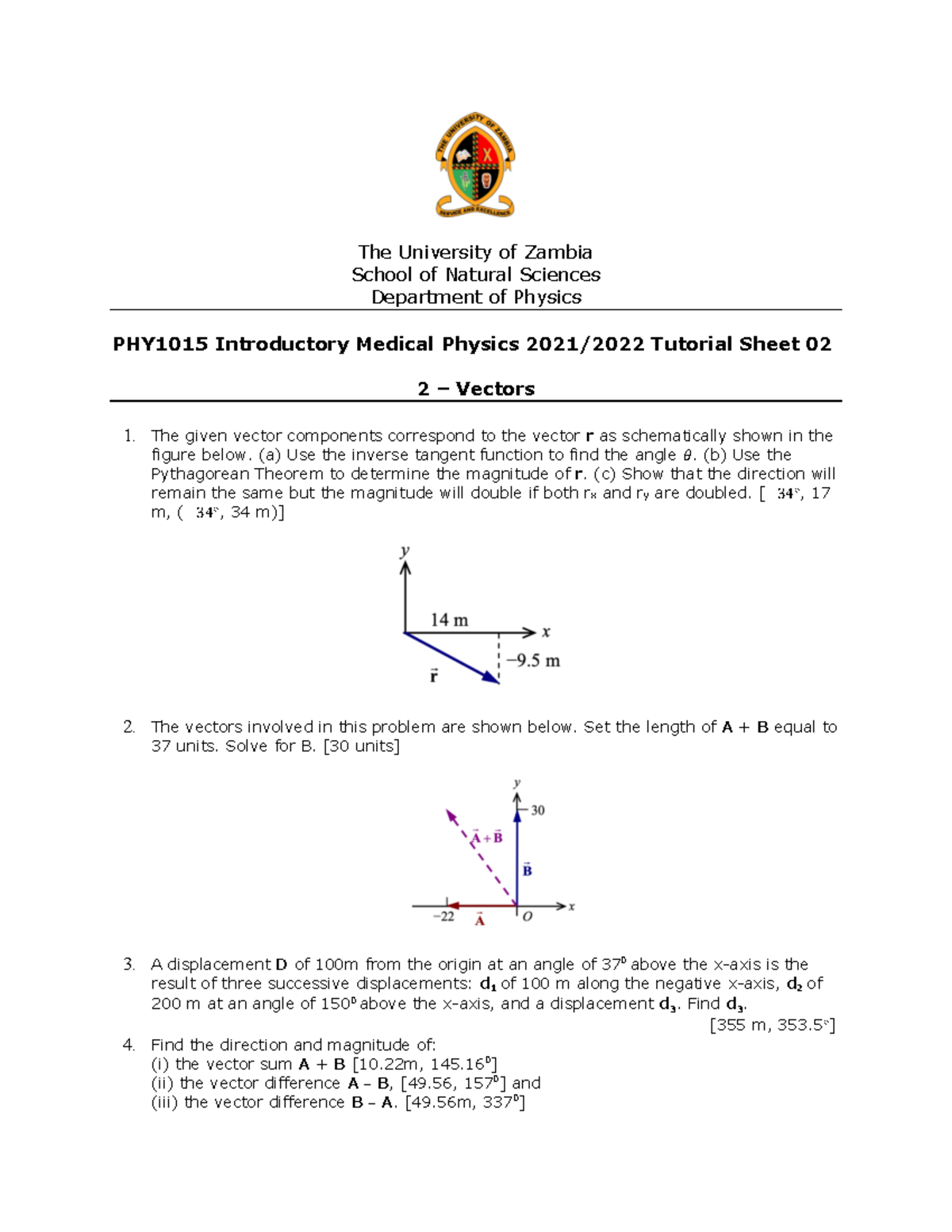 Physics tutorial sheets from fred The University of Zambia School of
