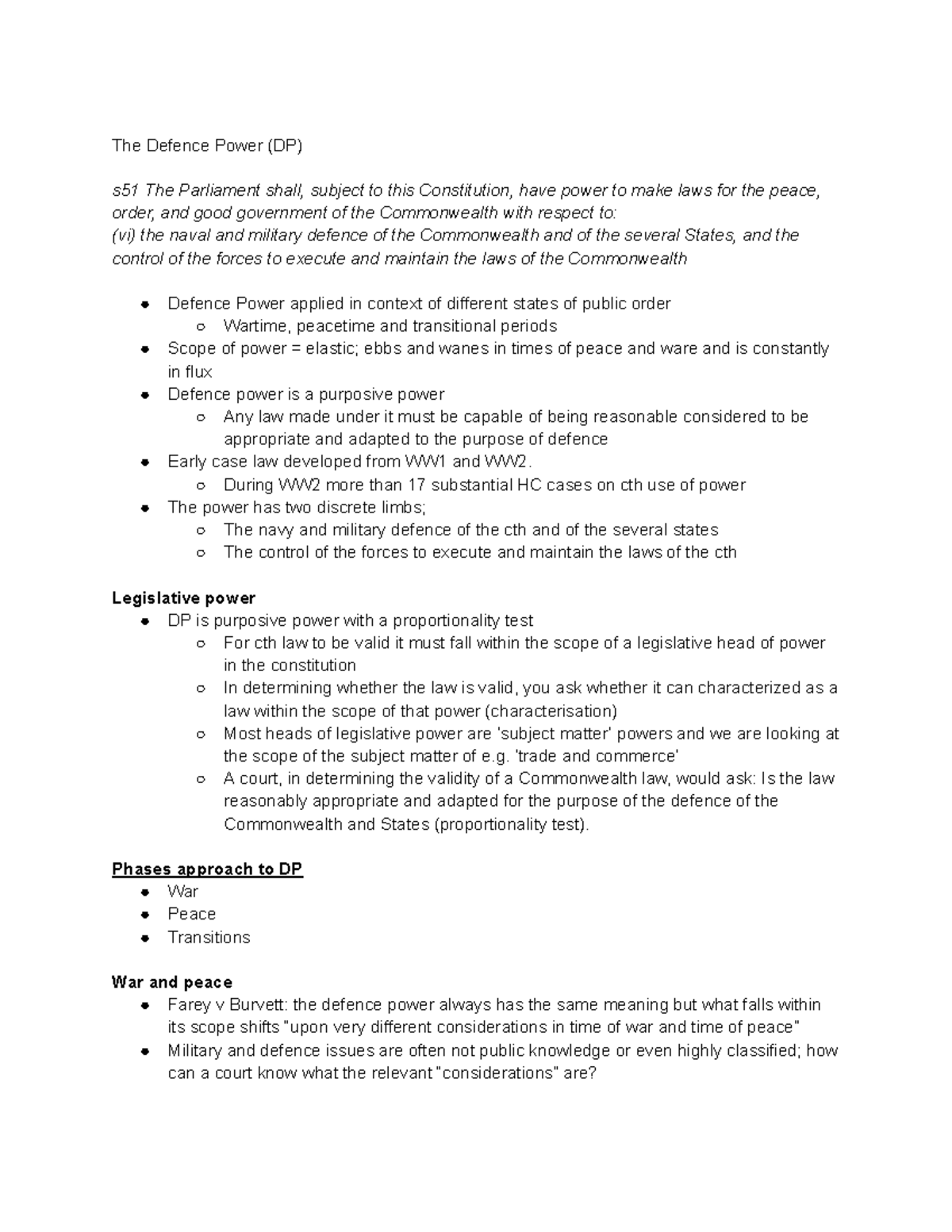 Week 4 readings - The Defence Power (DP) s51 The Parliament shall ...