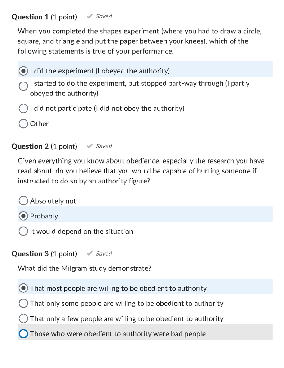 Week 12 Quiz Obedience Question 1 (1 point) Question 2 (1 point) Question 3 (1 point) Saved