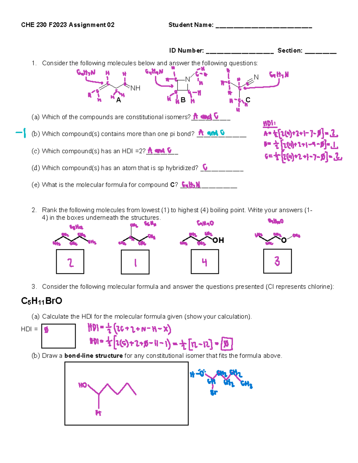 homework worksheet 02 - CHE 230 F2023 Assignment 02 Student Name