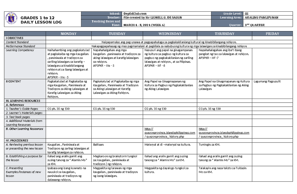 DLL Araling Panlipunan 3 Q3 W6 - GRADES 1 to 12 DAILY LESSON LOG School ...