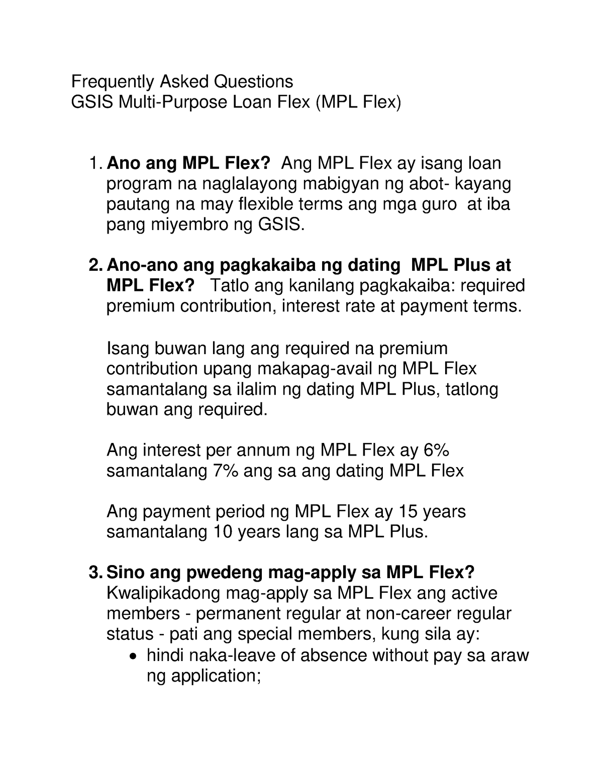 20230911 MPL FLEX FAQ - Notes - Frequently Asked Questions GSIS Multi ...