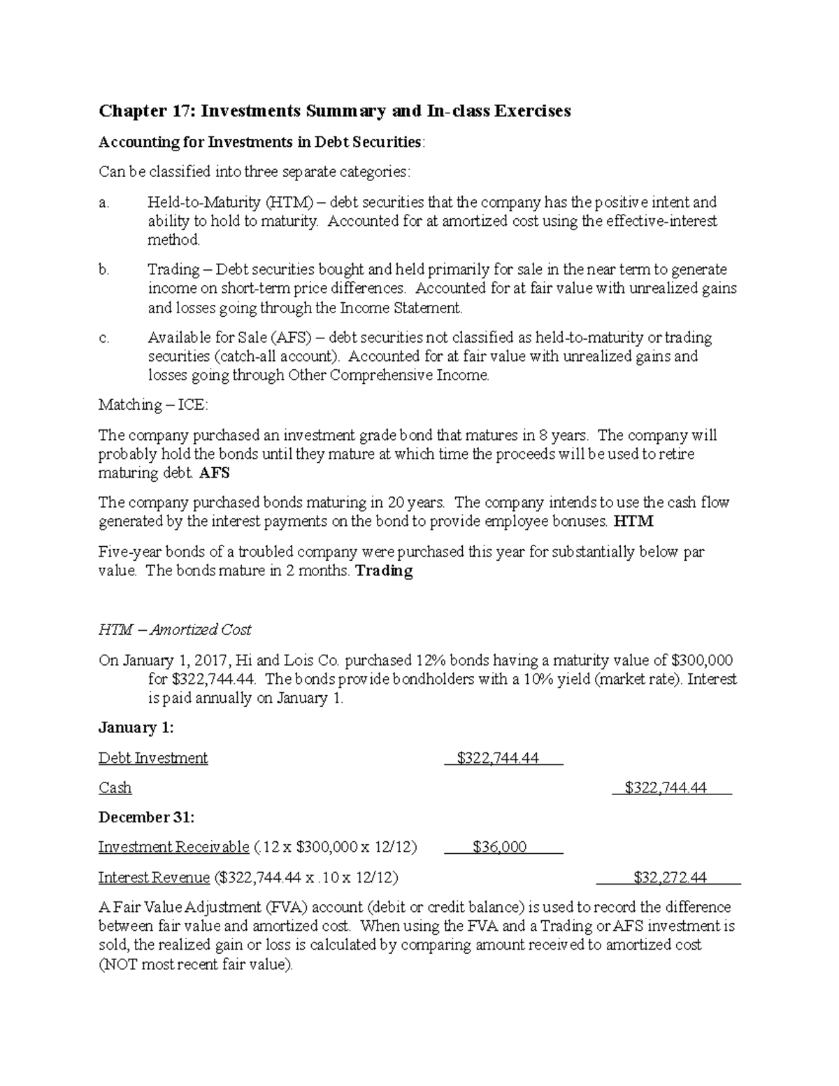 Chapter 17 Investments Summary & In-Class Examples - Chapter 17 ...