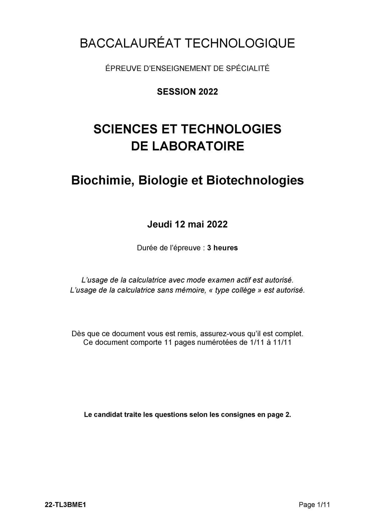 Baccalaur At Technologique 2022 Stl Biochimie Biologie Et ...