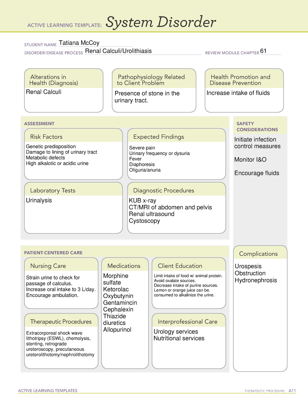 ALT System Disorder Renal Calculi ACTIVE LEARNING TEMPLATES