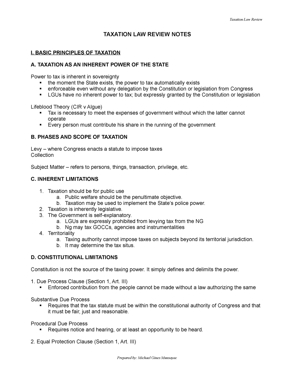 Taxation Law Reviewer - TAXATION LAW REVIEW NOTES I. BASIC PRINCIPLES ...