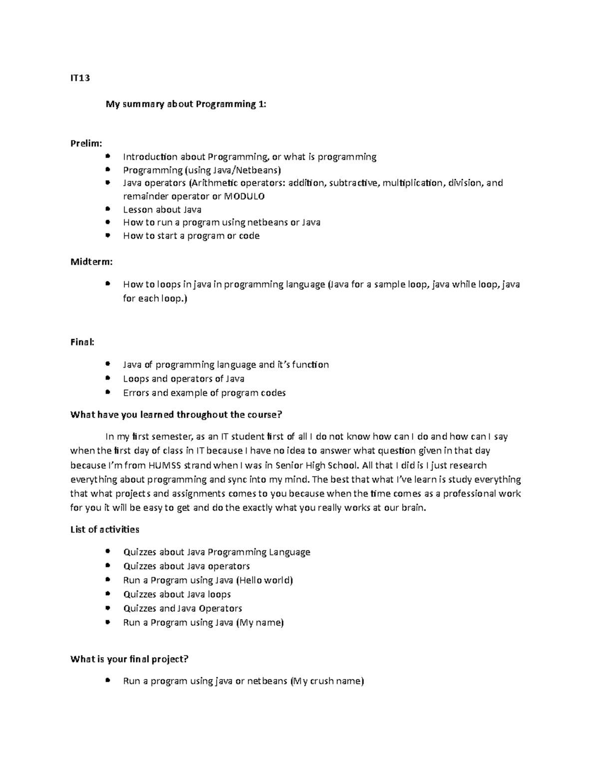 (IT13) - IT 13 - IT My summary about Programming 1: Prelim ...