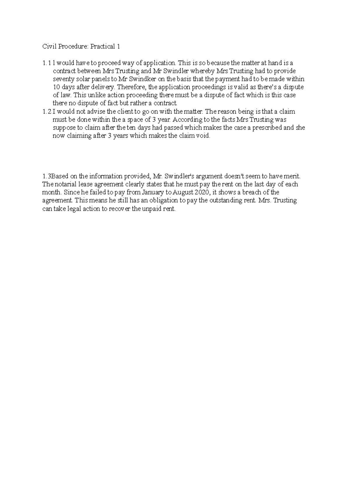 Practical 1 - Civil Procedure: Practical 1 1 l would have to proceed ...