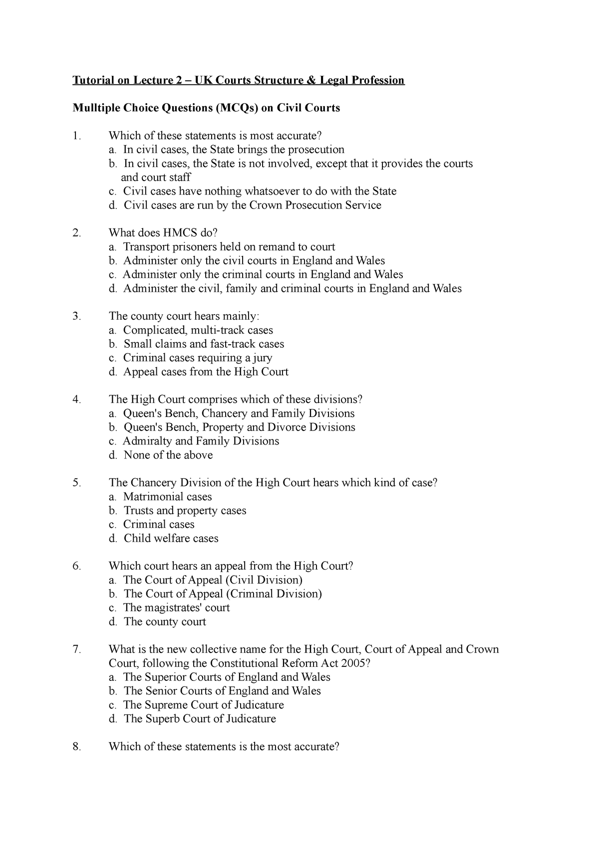 Tutorial On Lecture 2 - In Civil Cases, The State Brings The ...