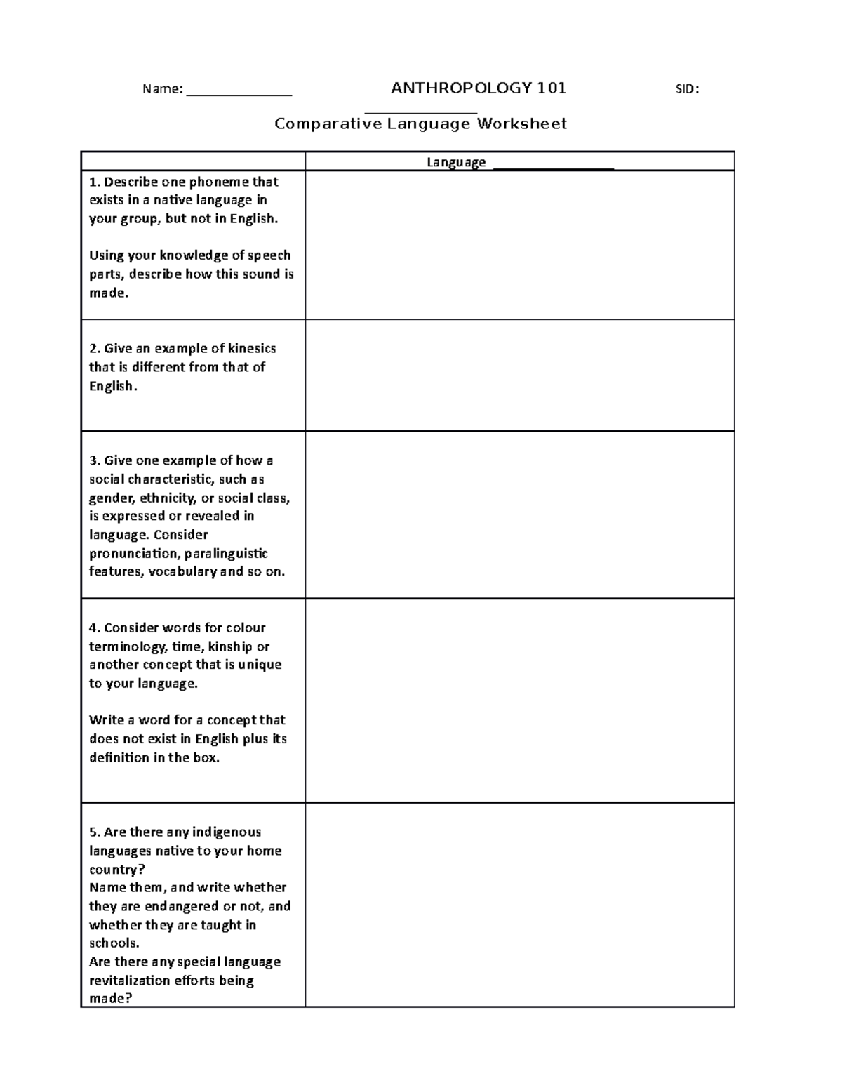 ANTH 101 Comparative Language Worksheet 2021 - Name ...