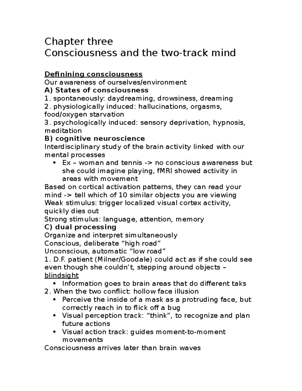 Psych 111 - Chapter 3 - Chapter three Consciousness and the mind ...