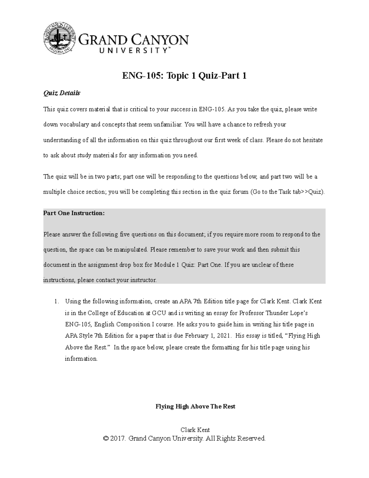 ENG105 Topic 1 QuizPart 1Answered ENG105 GCU Studocu