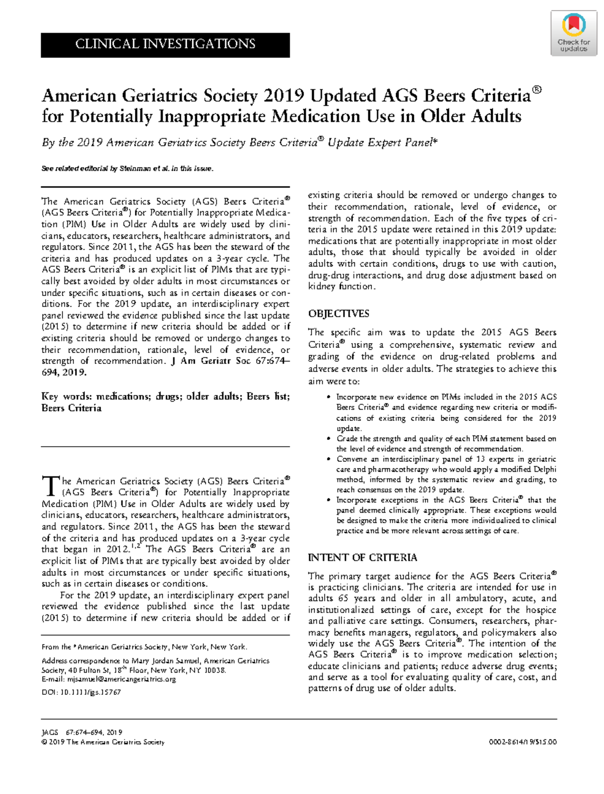 Beers Criteria CLINICAL INVESTIGATIONS American Geriatrics Society