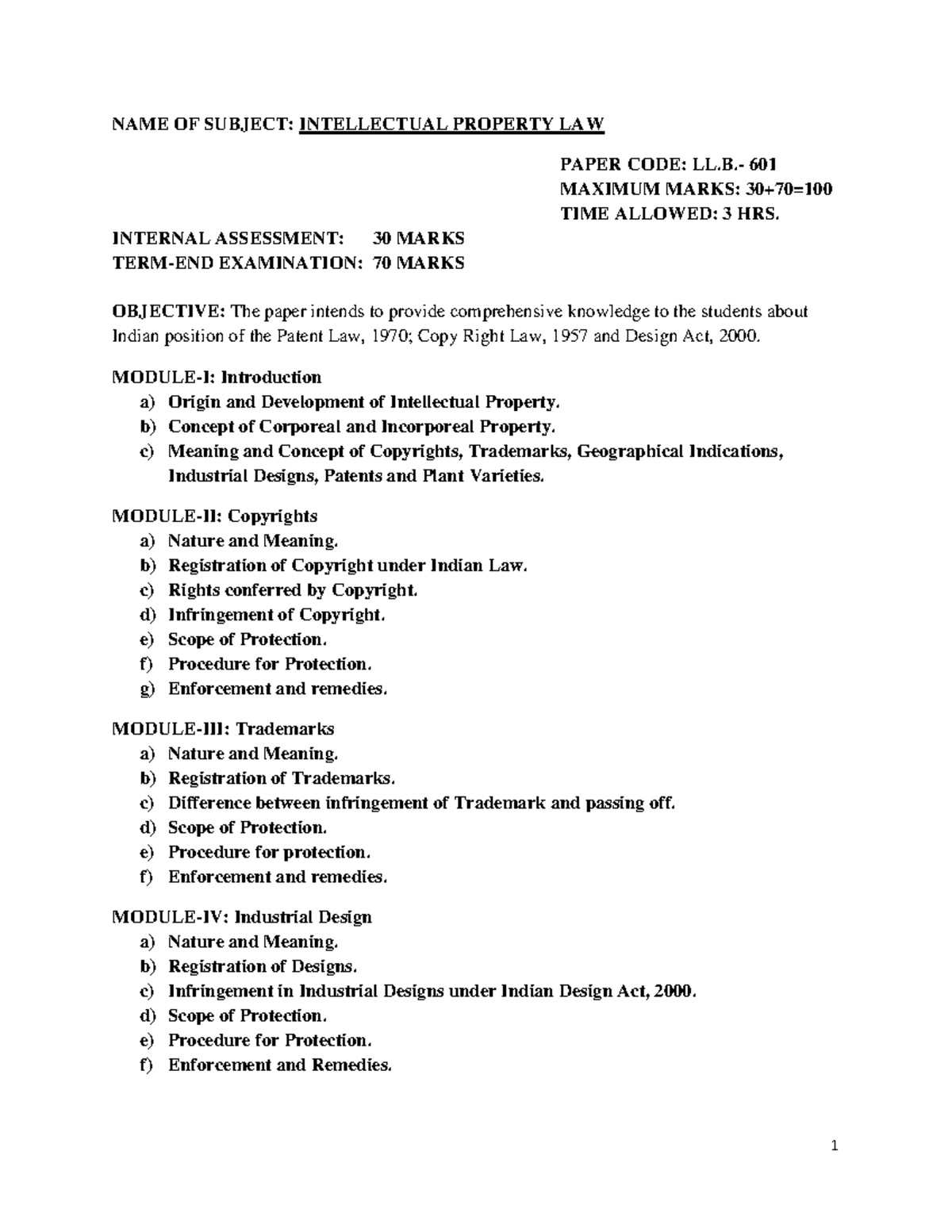 LLB-VI- Semester - NAME OF SUBJECT: INTELLECTUAL PROPERTY LAW PAPER ...