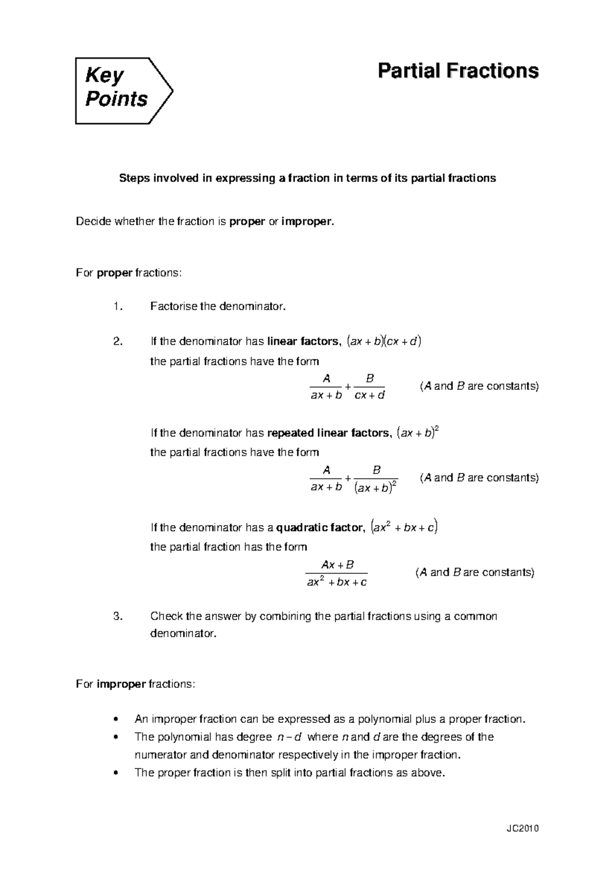 Key points 2 - Partial fractions - JC PPaarrttiiaall FFrraaccttiioonnss ...