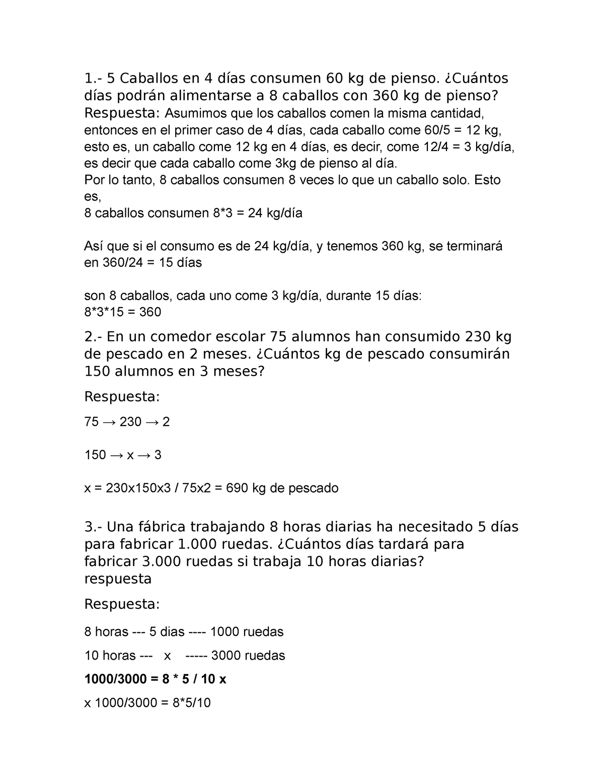 Matematicas - 1.- 5 Caballos En 4 Días Consumen 60 Kg De Pienso ...