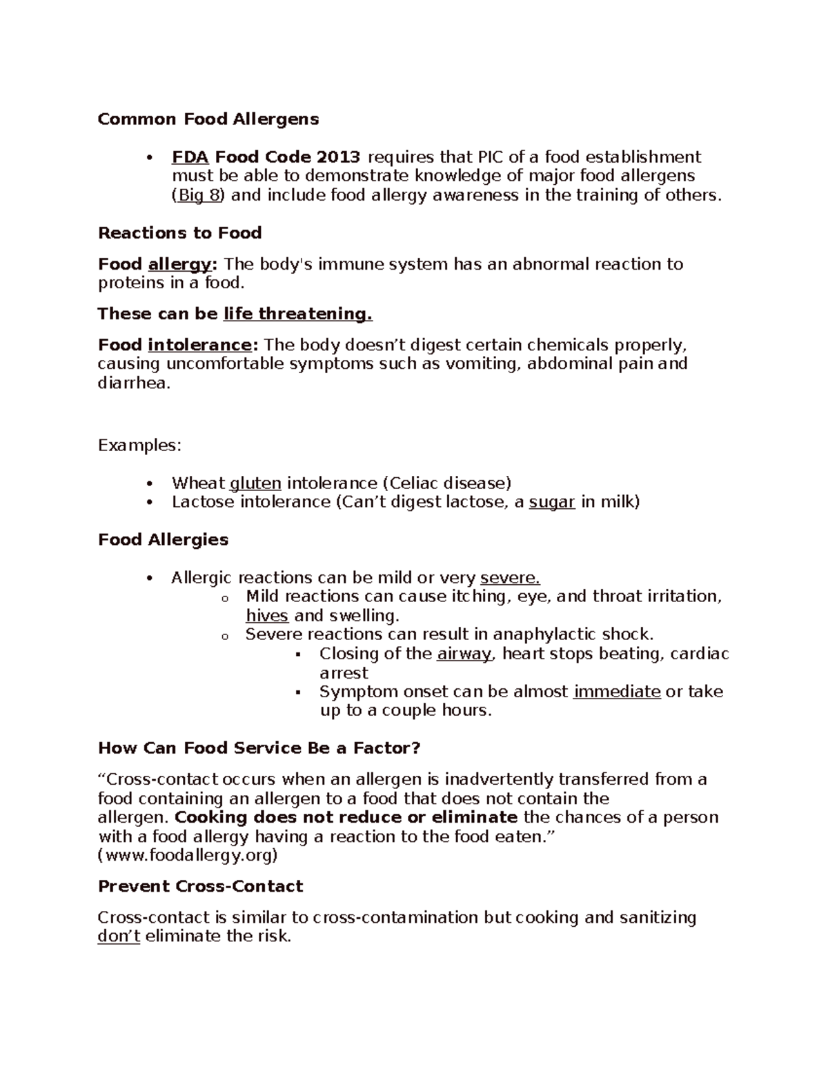 SPFM 9 - this is good - Common Food Allergens FDA Food Code 2013 ...